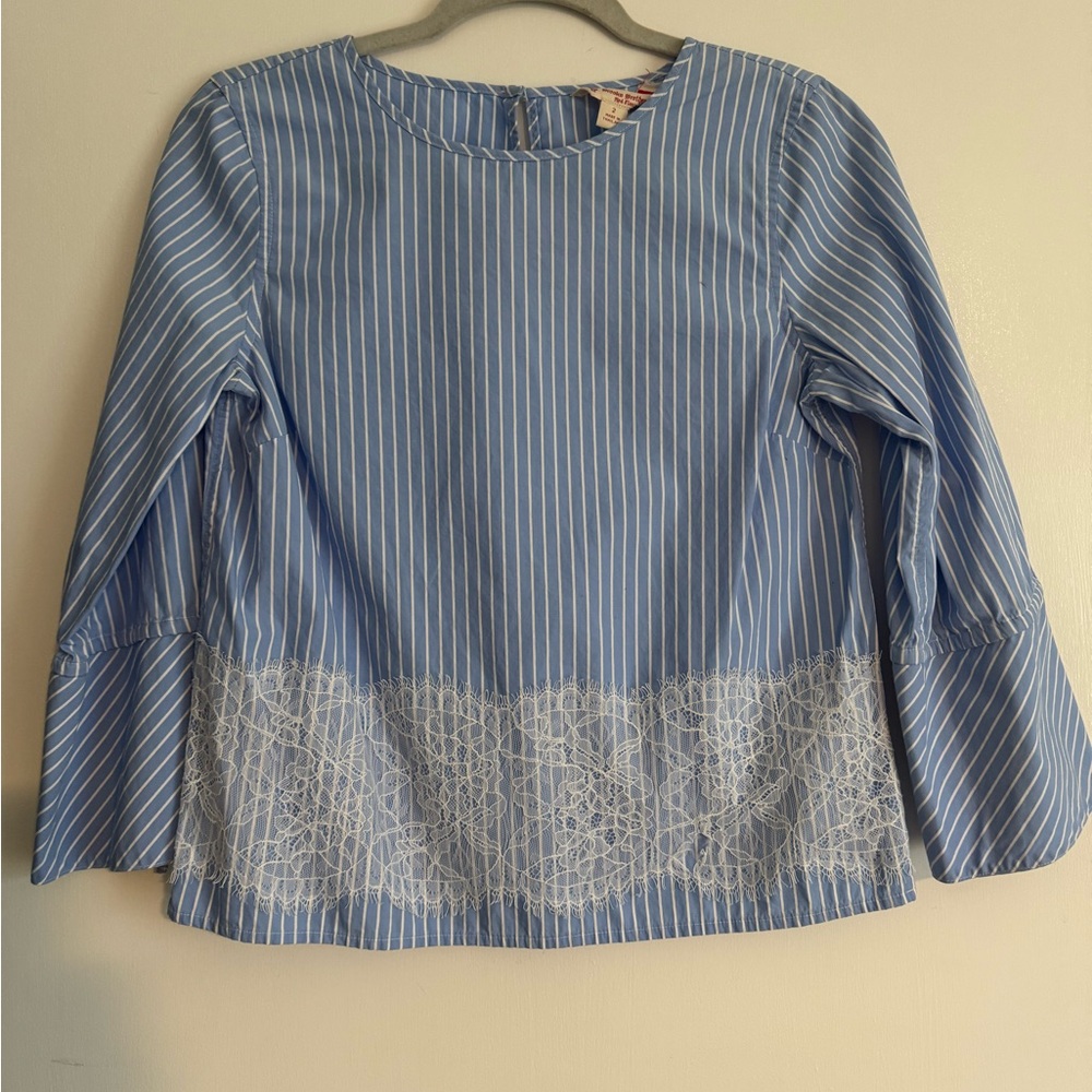 Brooks Brothers Blue and White Striped Blouse with Lace Detail